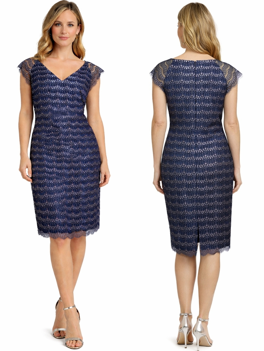 New St. John Collection Navy Silver Scalloped Metallic Lace Sheath Dress